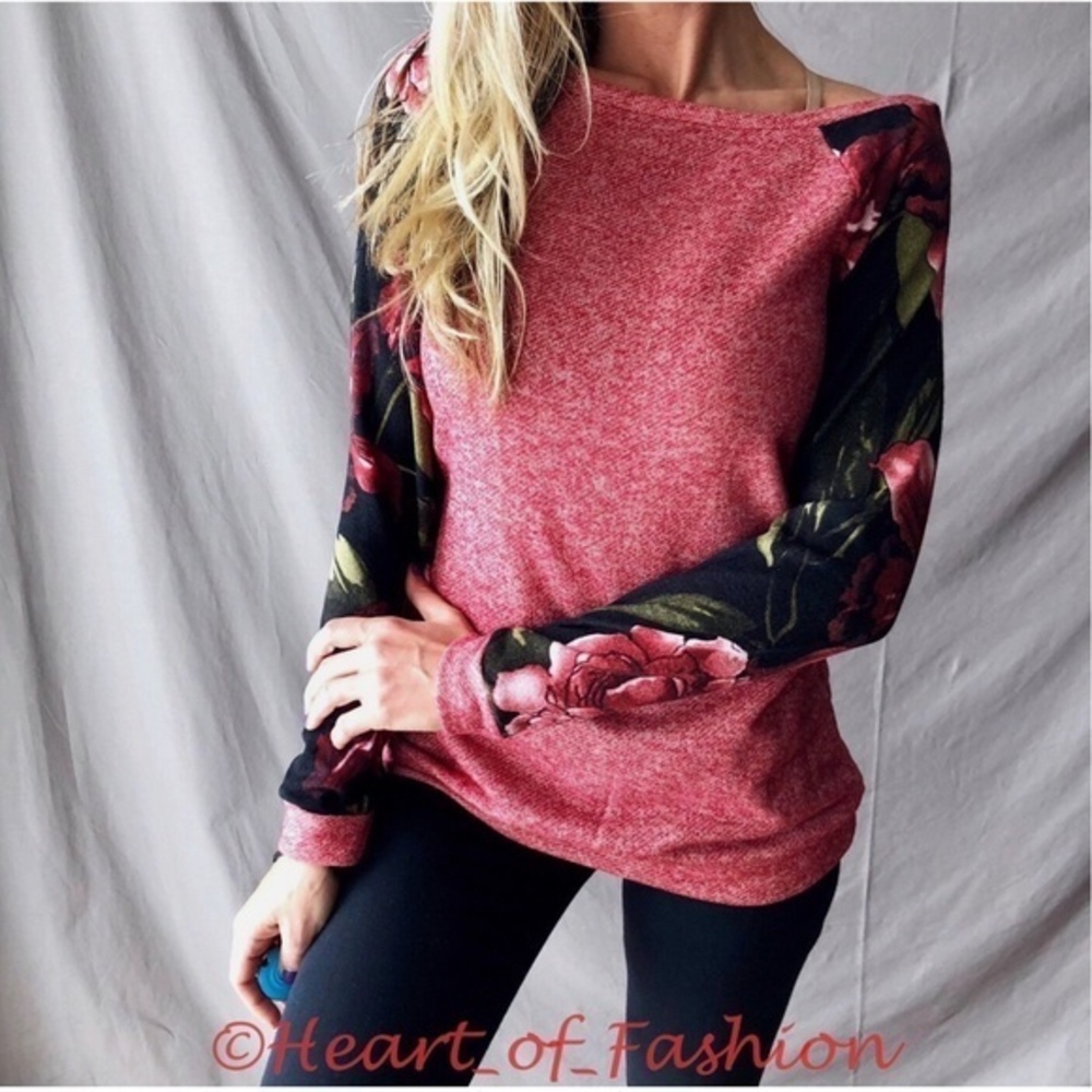 Women's Color Block Floral Long Raglan Sleeve Relaxed Boat Neck Knit Sweater Top